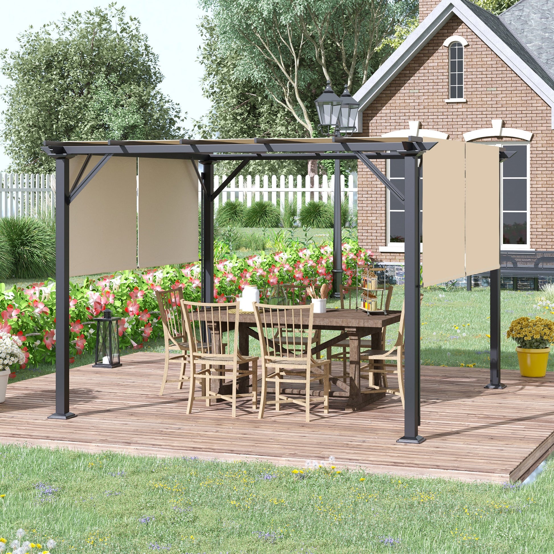 12' x 10' Outdoor Patio Gazebo Pergola with Retractable Canopy Roof, Steel Frame with Stakes, Unique Design, Beige at Gallery Canada