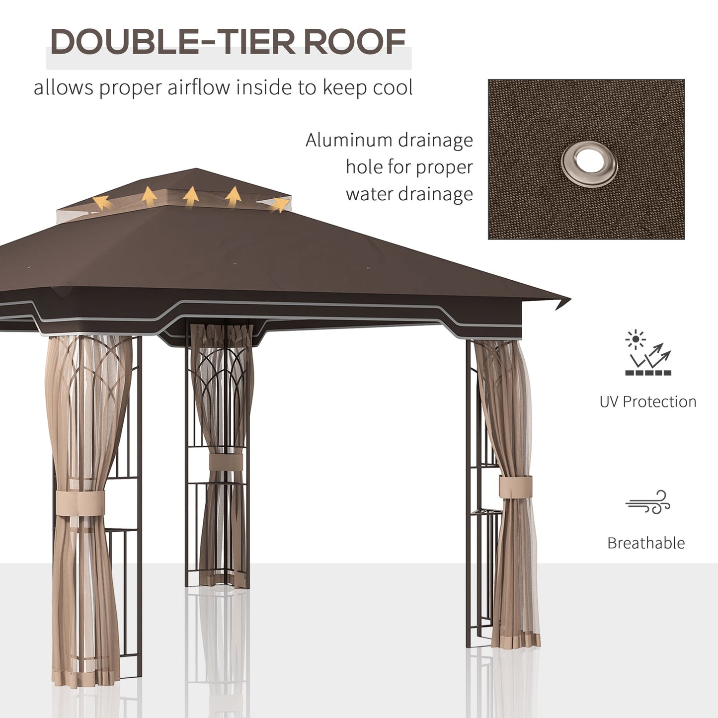 12' x 10' Soft-top Patio Gazebo Covered Gazebo Backyard Tent with Double Tier Roof and Netting Sidewalls, Brown at Gallery Canada