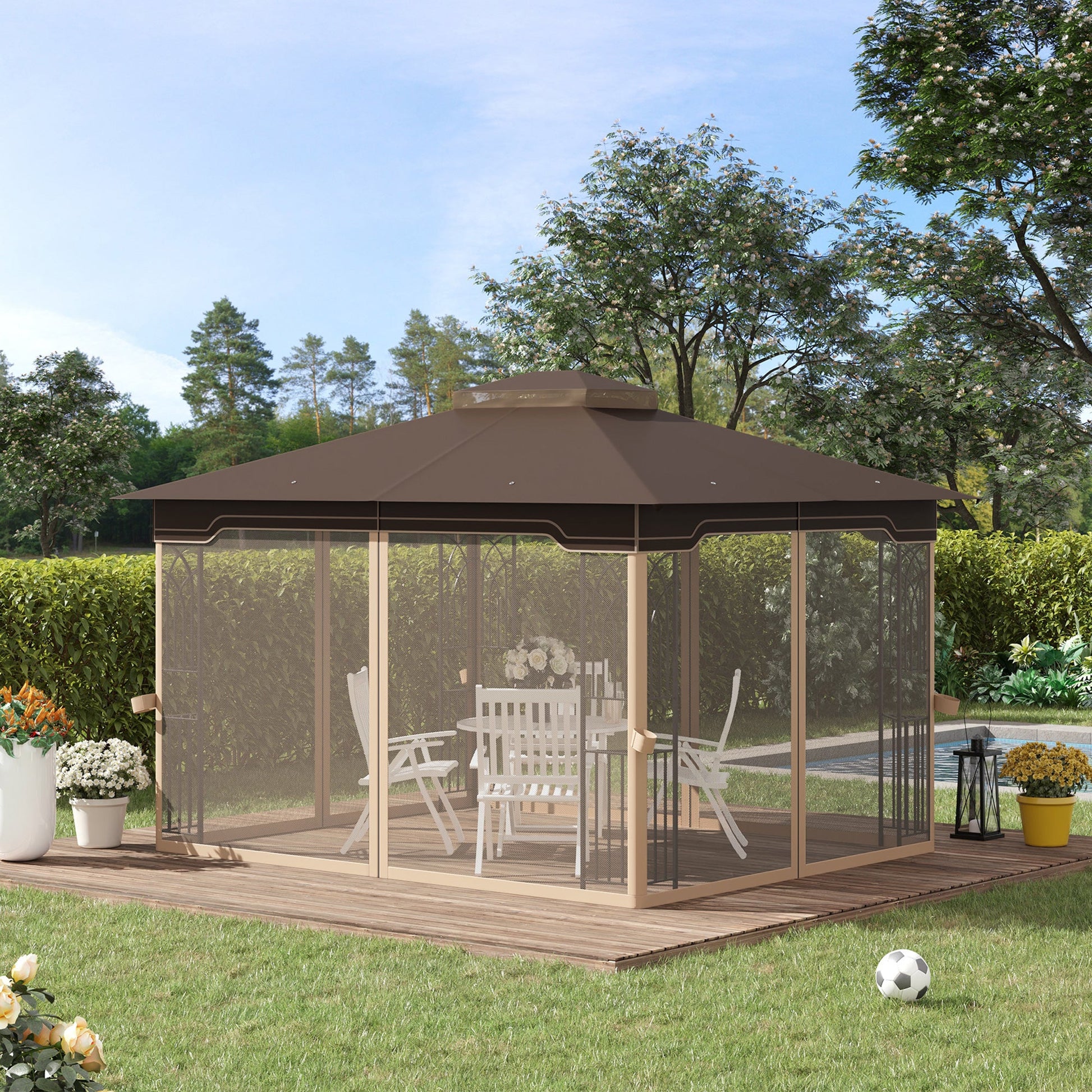 12' x 10' Soft-top Patio Gazebo Covered Gazebo Backyard Tent with Double Tier Roof and Netting Sidewalls, Brown at Gallery Canada