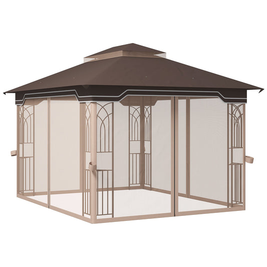 12' x 10' Soft-top Patio Gazebo Covered Gazebo Backyard Tent with Double Tier Roof and Netting Sidewalls, Brown - Gallery Canada