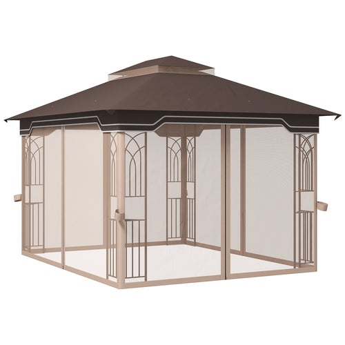 12' x 10' Soft-top Patio Gazebo Covered Gazebo Backyard Tent with Double Tier Roof and Netting Sidewalls, Brown