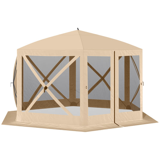 12' x 12' Hexagon Automatic Pop Up Screen Tents Camping Shelter Picnic Canopy Outdoor Sun Shade w/ Mesh Sidewalls and Carry Bag Beige at Gallery Canada