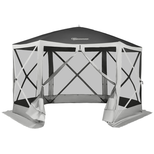 12' x 12' Hexagon Automatic Pop Up Screen Tents Camping Shelter Picnic Canopy with Mesh Sidewalls and Carry Bag, Grey