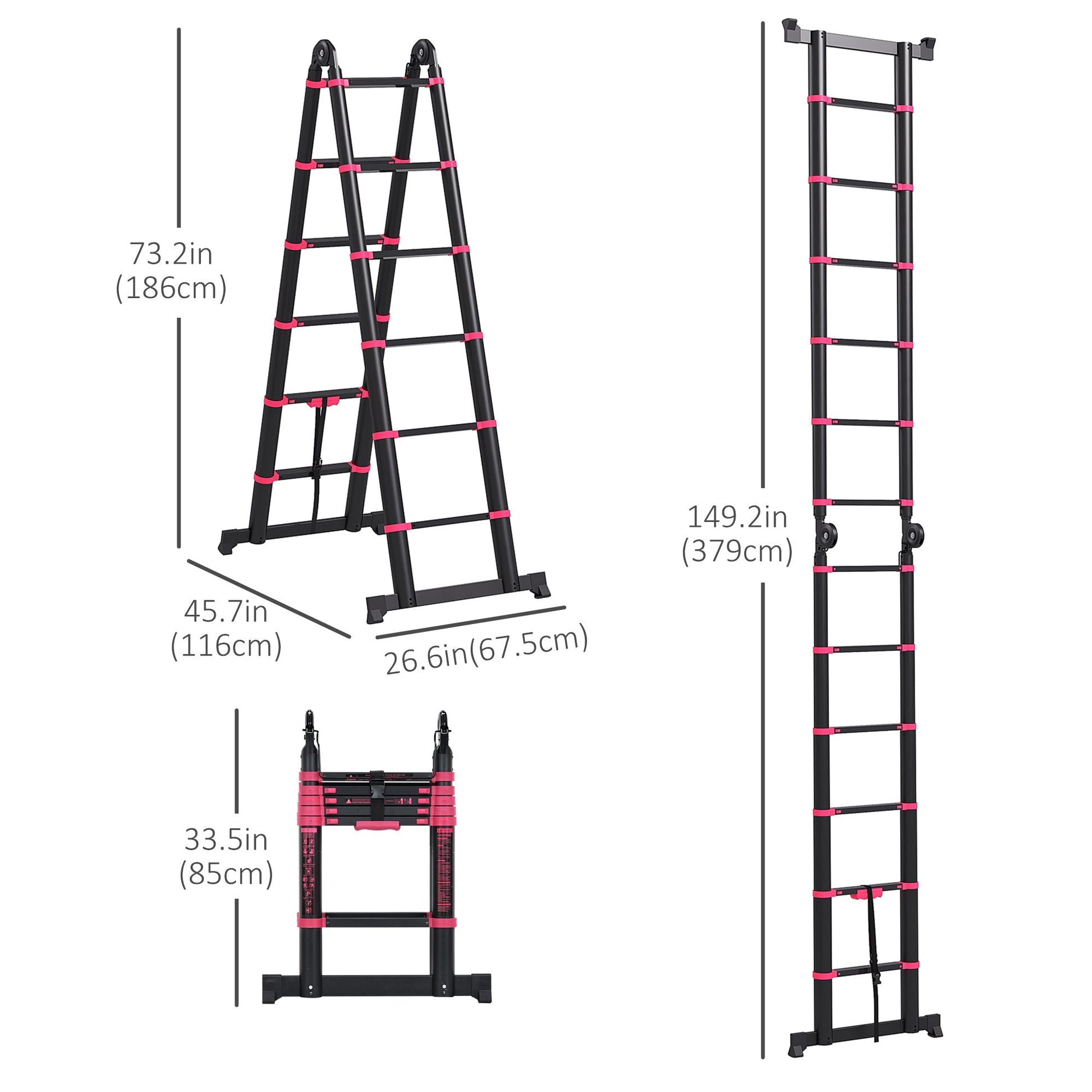 12ft Aluminium Telescopic Extension Ladder, Heavy Duty Extendable Telescoping Ladder with Locking Mechanism, Non-slip Feet 330 Pound Capacity, EN131 Standard, Black at Gallery Canada