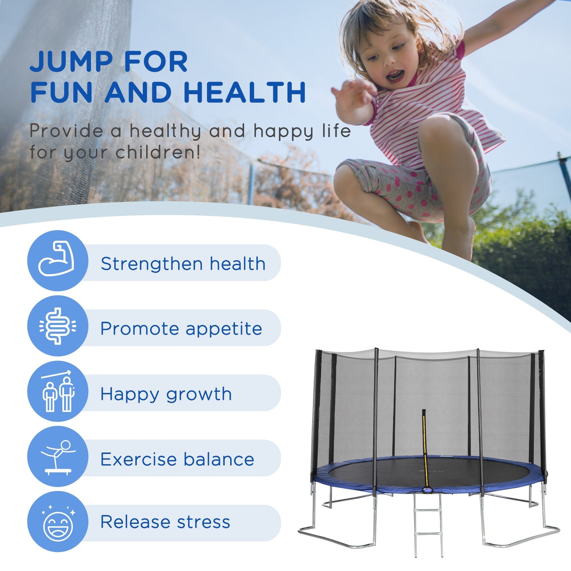 12ft Trampoline with Safety Enclosure Net and Non-Slip Ladder for Kids, Teens and Adults Indoor and Outdoor Use, Blue at Gallery Canada