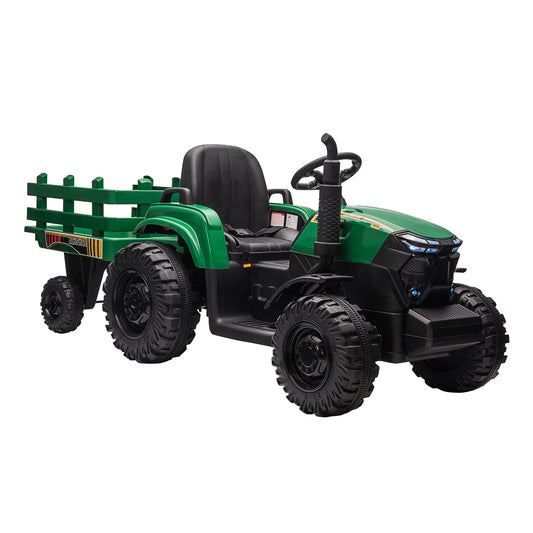 12V Kids Ride On Tractor, Electric Battery Powered Agricultural Toy Car, w/ Back Trailer, Adjustable Speed, 10 LED Headlights, Green - Gallery Canada