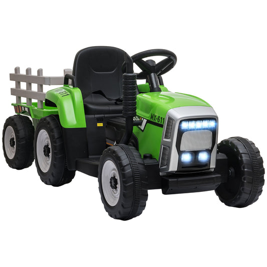 12V Kids Ride on Tractor with Trailer, Battery Powered Electric Tractor with Remote Control, Music Start up Sound and Horn, USB, LED Lights, Green - Gallery Canada