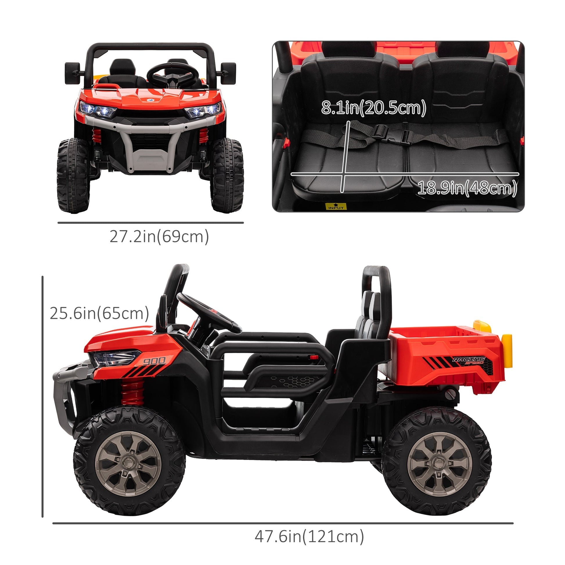 12V Ride on Car with Electric Bucket, Two-Seater Battery-Powered Cars for Kids with Shovel, Remote Control, Spring Suspension, Horn, Music, Red at Gallery Canada