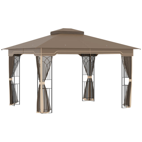 12'x10' Soft-top Patio Gazebo Covered Gazebo Backyard Tent with Double Tier Roof and Netting Sidewalls, Brown