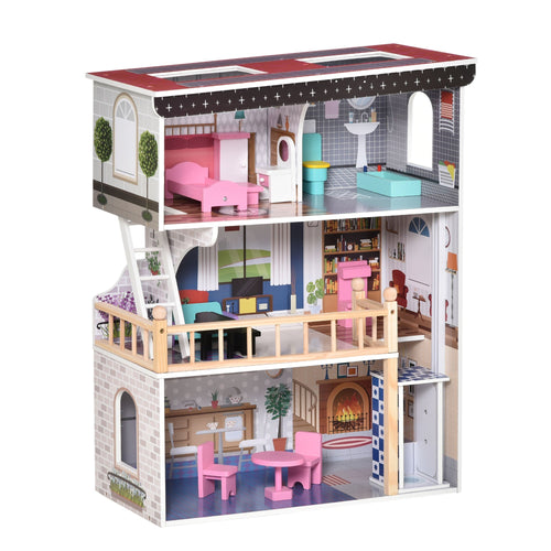 13 PCS Kids 3-Story Dollhouse, Dreamhouse Villa, for Toddler, Little Girls, Multi-level House, with Elevator, Furniture Accessories Kit, for 3-6 Years Old, Pink