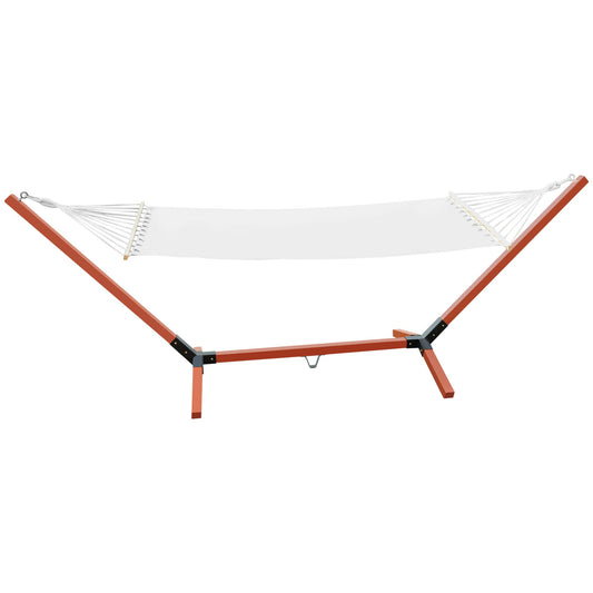 130" x 47" Hammock with Stand, Outdoor Hammock Camping Bed, Freestanding Lounge Chair with Wooden Frame Cotton Fabric for Outdoor Indoor, White, Teak - Gallery Canada