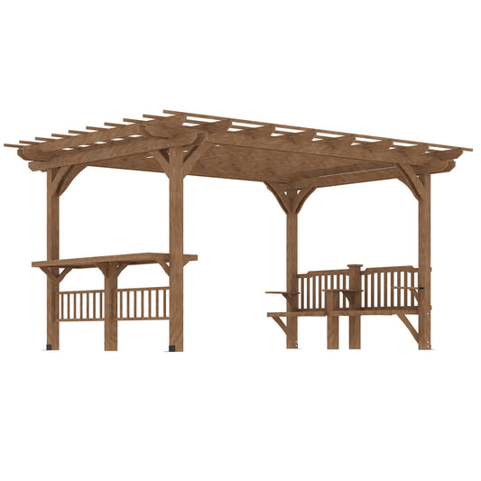 14' x 10' Outdoor Pergola, Wooden Gazebo Grill Canopy with Bar Counters and Seating Benches, for Garden, Patio, Backyard, Deck - Gallery Canada