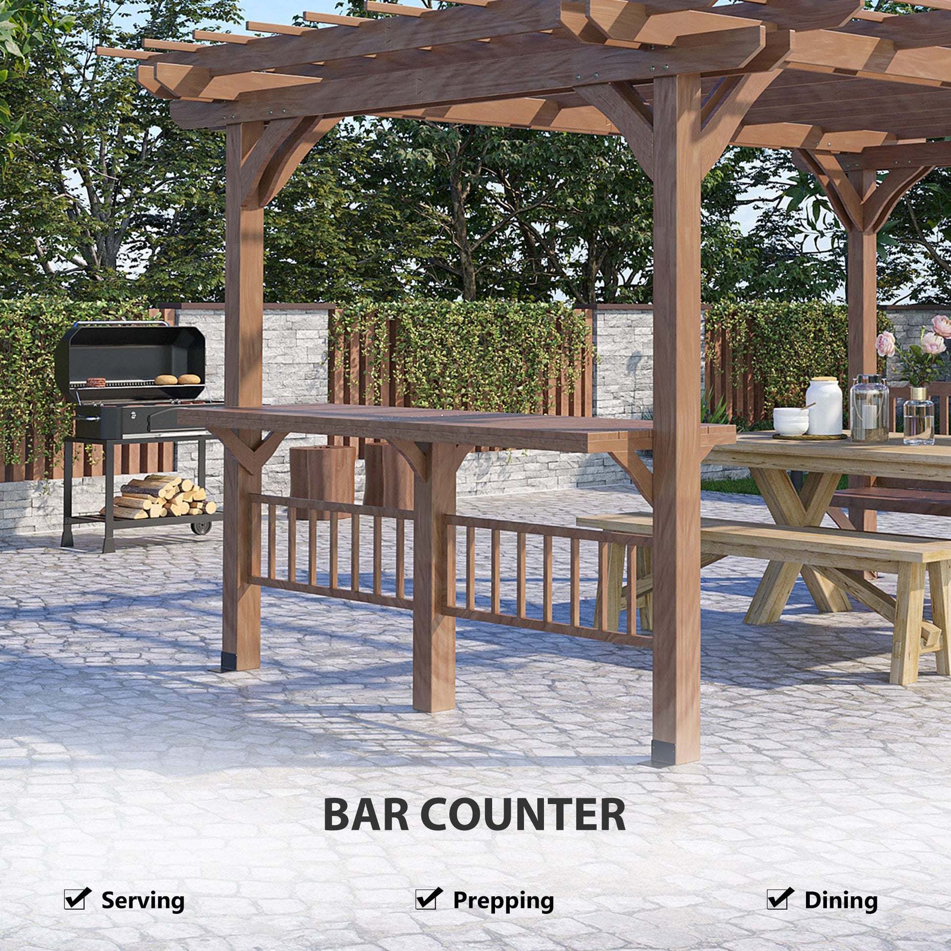 14' x 10' Outdoor Pergola, Wooden Gazebo Grill Canopy with Bar Counters and Seating Benches, for Garden, Patio, Backyard, Deck at Gallery Canada