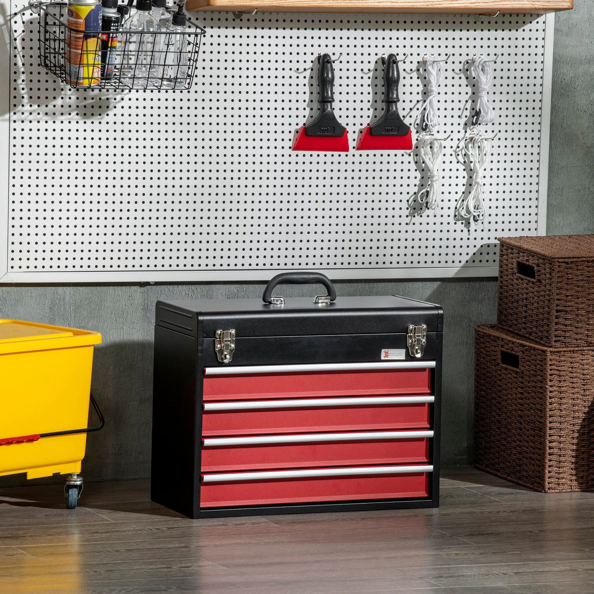 15.6" Tall Portable Metal Tool Box with Metal Latch Closure, 4 Drawer Tool Chest with Ball-bearing Slider for Garage, Household and Warehouse, Red at Gallery Canada