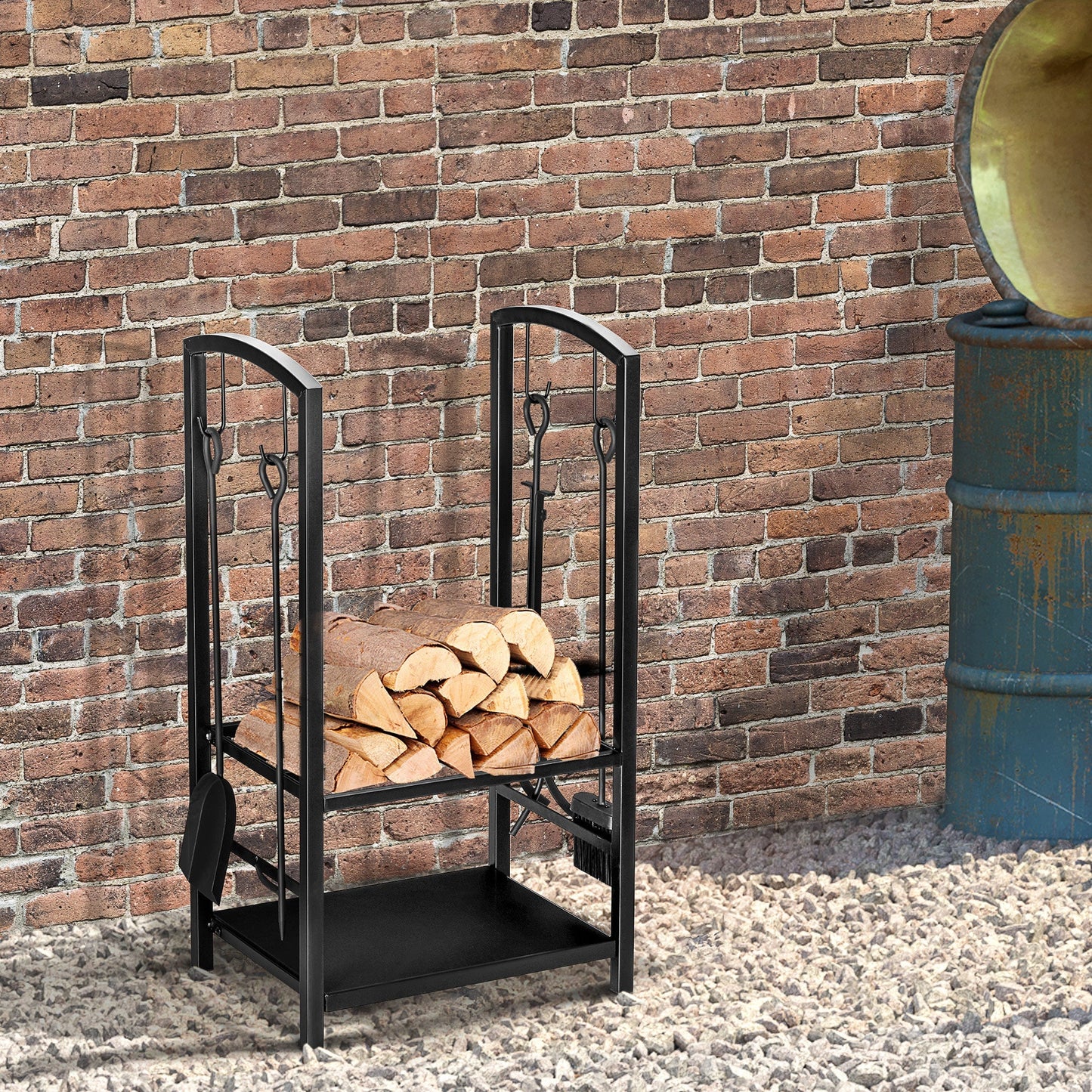 16" 2-Tier Firewood Log Rack with 4 Tools, Fireplace Wood Storage Holder with Shovel, Broom, Poker, Tongs and Hooks, Black at Gallery Canada