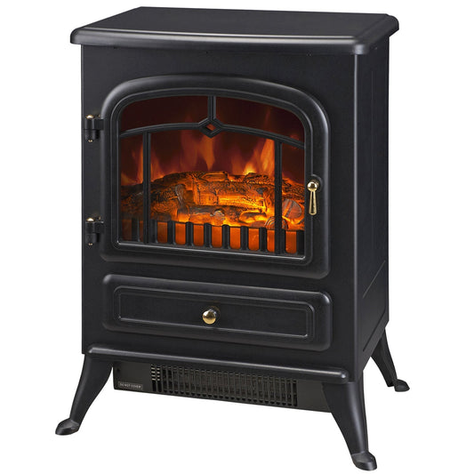 16" Freestanding Electric Fireplace Heater Fire Stove with Wood Burning Flame 750/1500W Black - Gallery Canada