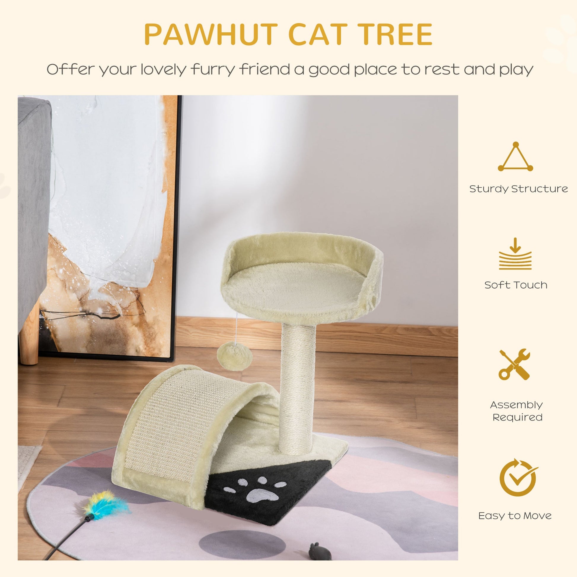17” Cat Scratching Tree Kitty House Kitten Activity Centre Pet Bed Post Furniture with Hanging Toy (Beige) at Gallery Canada