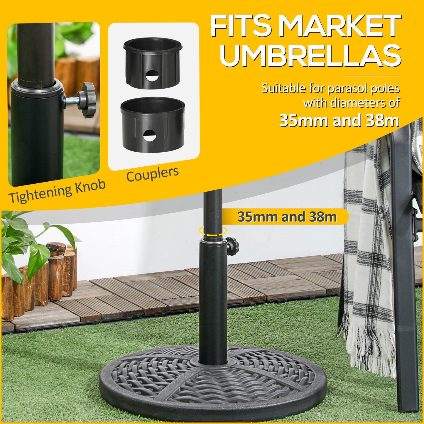 18" Market Umbrella Base Holder, Heavy Duty Round Parasol Stand with Rattan Design for Patio, Black at Gallery Canada