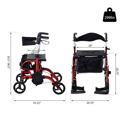 2 in 1 Aluminum Rollator Walker Convertible Rollator Wheelchair with Adjustable Arms, Storage Bag, Footrests &; Crutch Holder, Tool Free Assembly, Black &; Red at Gallery Canada