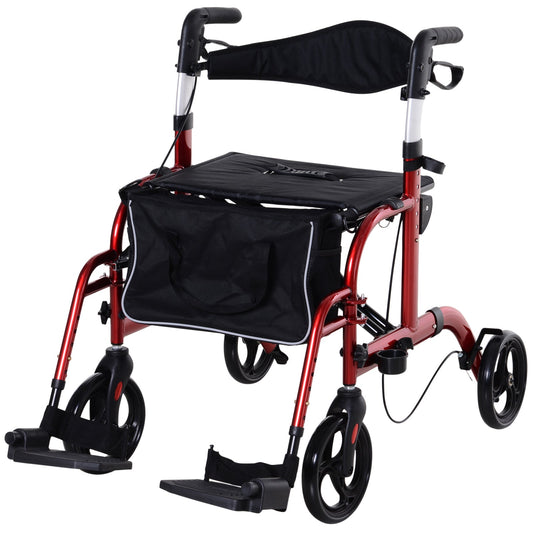 2 in 1 Aluminum Rollator Walker Convertible Rollator Wheelchair with Adjustable Arms, Storage Bag, Footrests &; Crutch Holder, Tool Free Assembly, Black &; Red - Gallery Canada