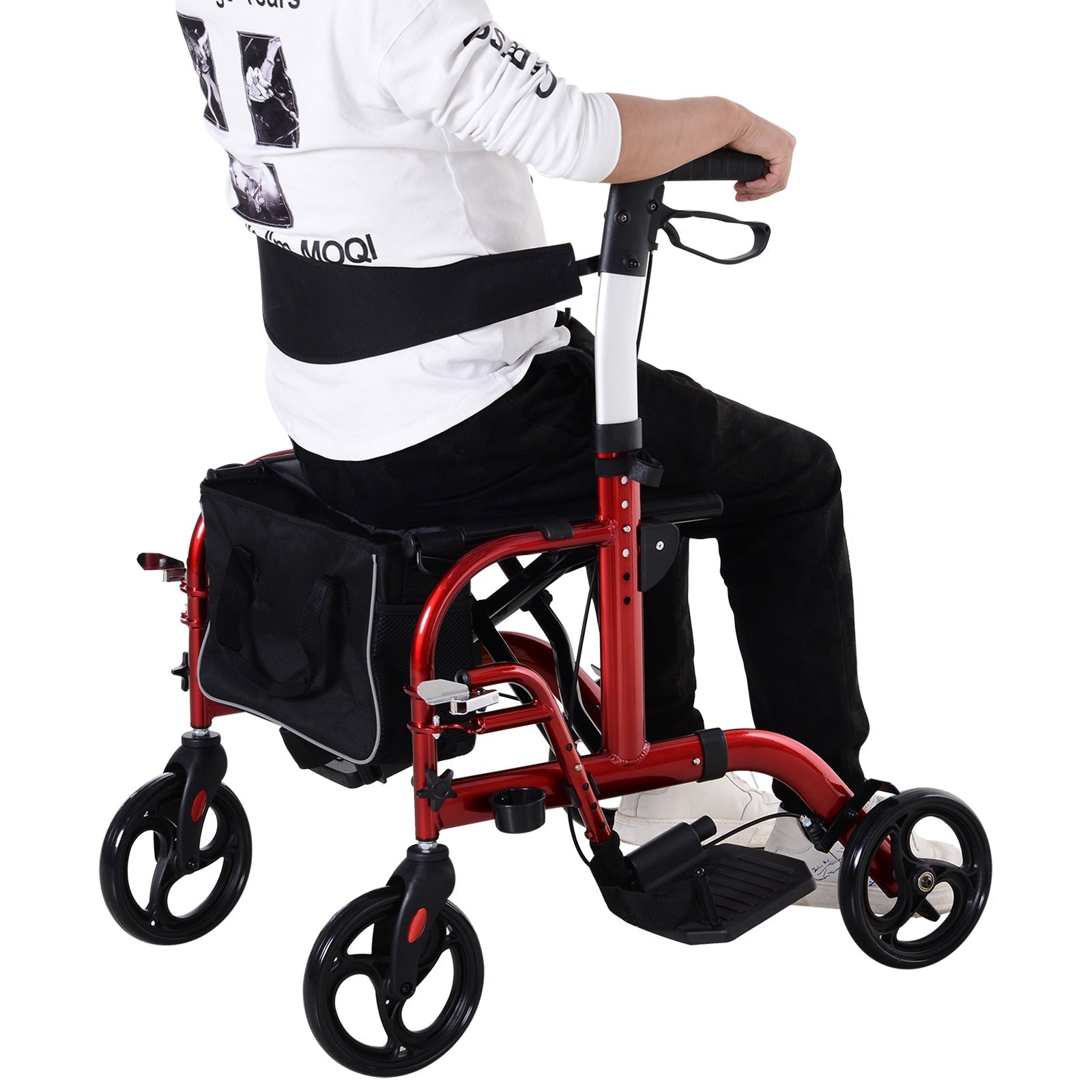 2 in 1 Aluminum Rollator Walker Convertible Rollator Wheelchair with Adjustable Arms, Storage Bag, Footrests &; Crutch Holder, Tool Free Assembly, Black &; Red at Gallery Canada