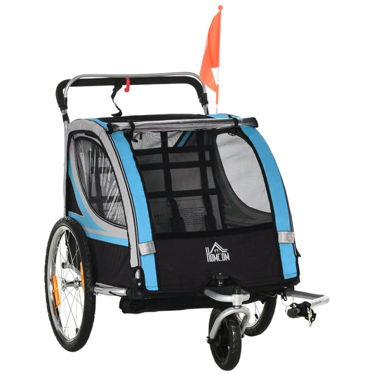 2-in-1 Bike Trailer for Kids 2 Seater, Baby Stroller with Brake, Storage Bag, Safety Flag, Reflectors &; 5 Point Harness, Blue - Gallery Canada