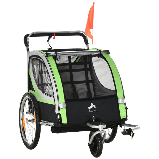 2-in-1 Bike Trailer for Kids 2 Seater, Baby Stroller with Brake, Storage Bag, Safety Flag, Reflectors &; 5 Point Harness, Green - Gallery Canada