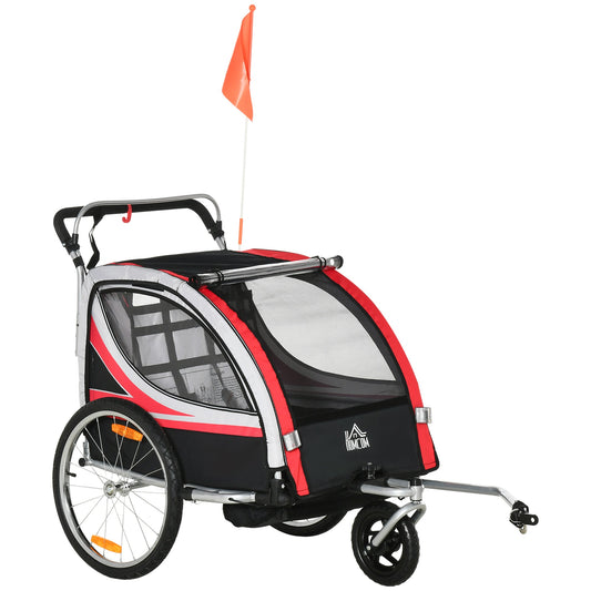 2-in-1 Bike Trailer for Kids 2 Seater, Baby Stroller with Brake, Storage Bag, Safety Flag, Reflectors &; 5 Point Harness, Red - Gallery Canada
