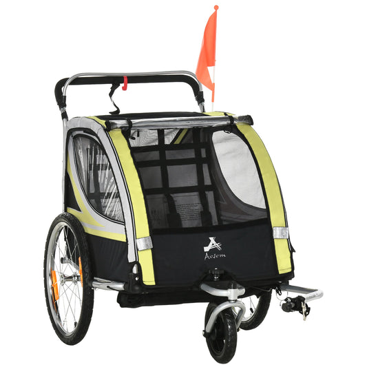 2-in-1 Bike Trailer for Kids 2 Seater, Baby Stroller with Brake, Storage Bag, Safety Flag, Reflectors &; 5 Point Harness, Yellow - Gallery Canada