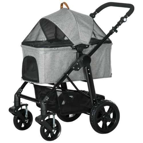 2 in 1 Dog Stroller with Detachable Carriage Bag, Adjustable Canopy, Safety Leashes, Storage Basket for S Dogs, Grey