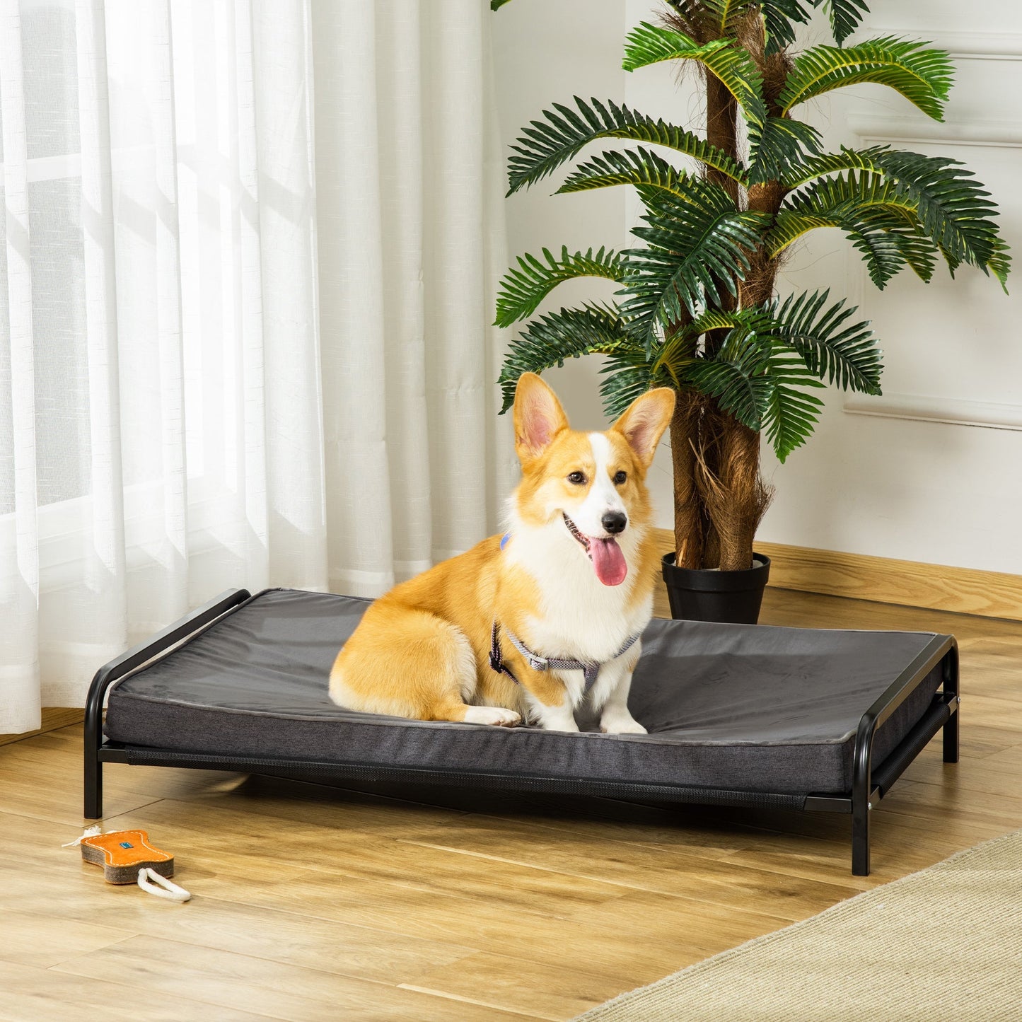 2-IN-1 Elevated Pet Bed for Large &; Medium-Sized Dog Steel Frame Removable Sponge Cushion Breathable Linen Fabric, Grey, 43.25"x25.5"x7.75" at Gallery Canada