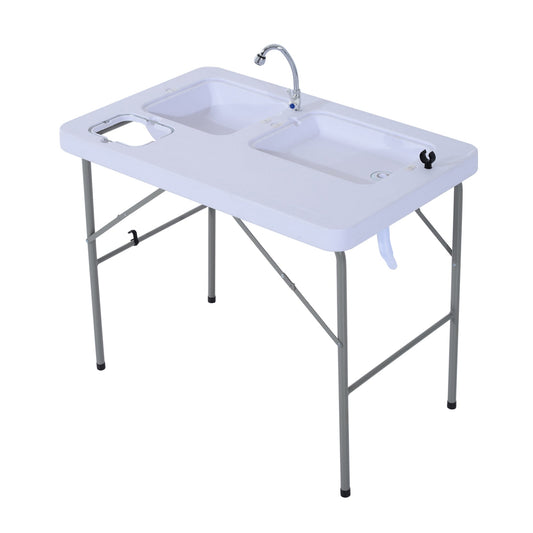 2-in-1 Folding Table with Faucet and Sinks Portable Outdoor Camping BBQ Fishing Table, White at Gallery Canada