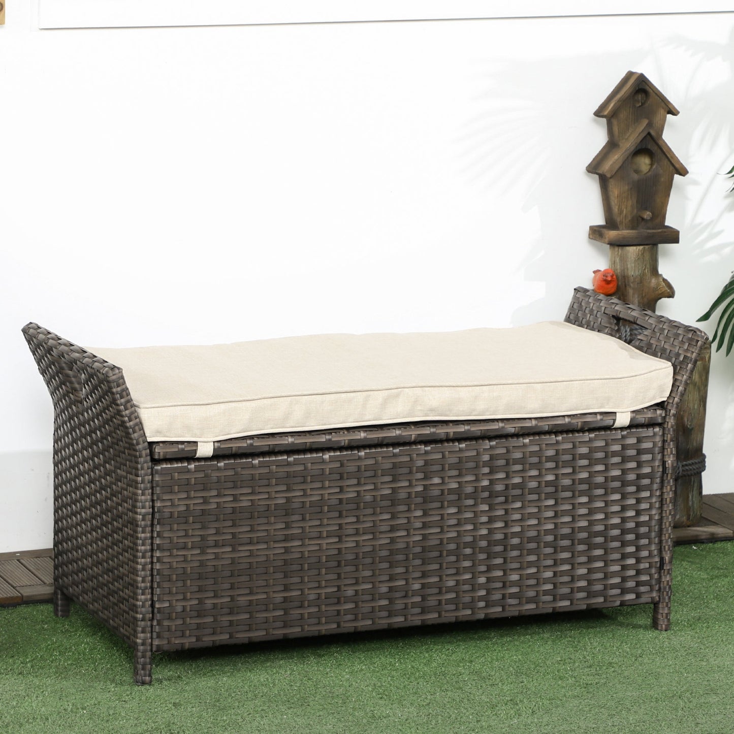 2-In-1 Outdoor PE Rattan Storage Bench, 27 Gallon Patio Wicker Furniture, Basket Box with Handles and Cushion Cream at Gallery Canada