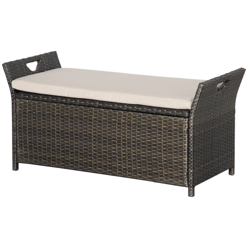 2-In-1 Outdoor PE Rattan Storage Bench, 27 Gallon Patio Wicker Furniture, Basket Box with Handles and Cushion Cream