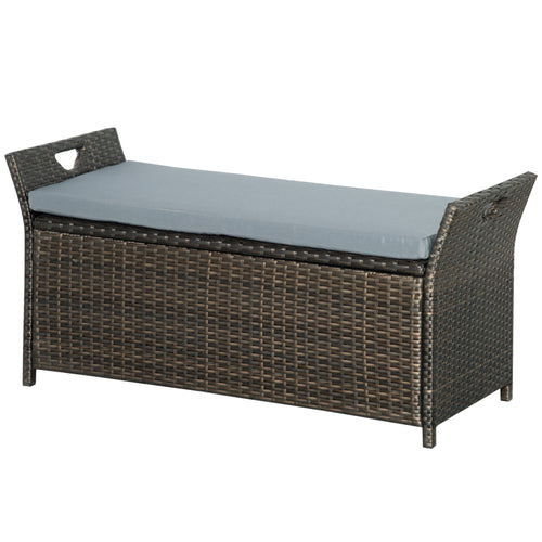 2-In-1 Outdoor PE Rattan Storage Bench, 27 Gallon Patio Wicker Furniture, Basket Box with Handles and Cushion Dark Grey