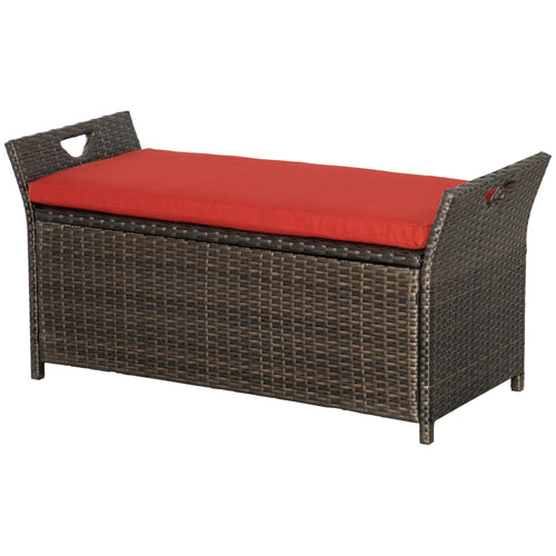 2-In-1 Outdoor PE Rattan Storage Bench, 27 Gallon Patio Wicker Furniture, Basket Box with Handles and Cushion Red