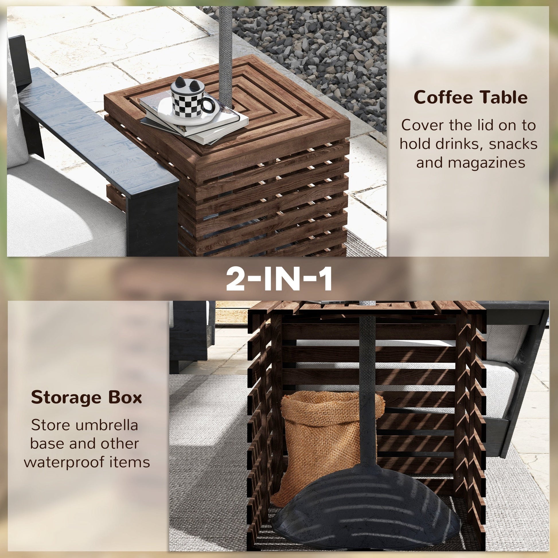 2-in-1 Outdoor Umbrella Base Storage Box Wooden Patio Side Table, Brown at Gallery Canada