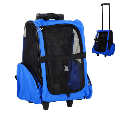 2-IN-1 Pet Luggage Box Backpack Carrier Cats Dogs w/ Handle, Rolling Wheel Blue