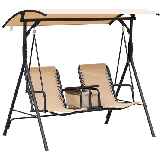 2 Person Covered Porch Swing Patio Swing with Pivot Storage Table, Cup Holder, &; Adjustable Overhead Canopy, Beige at Gallery Canada