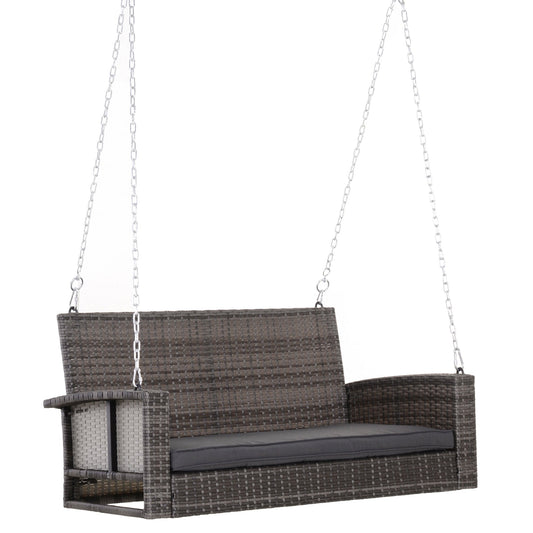 2-Person Patio Porch Swing Chair, Outdoor Rattan Hanging Bench with Cushion &; 7.2 ft Steel Chains, Grey at Gallery Canada