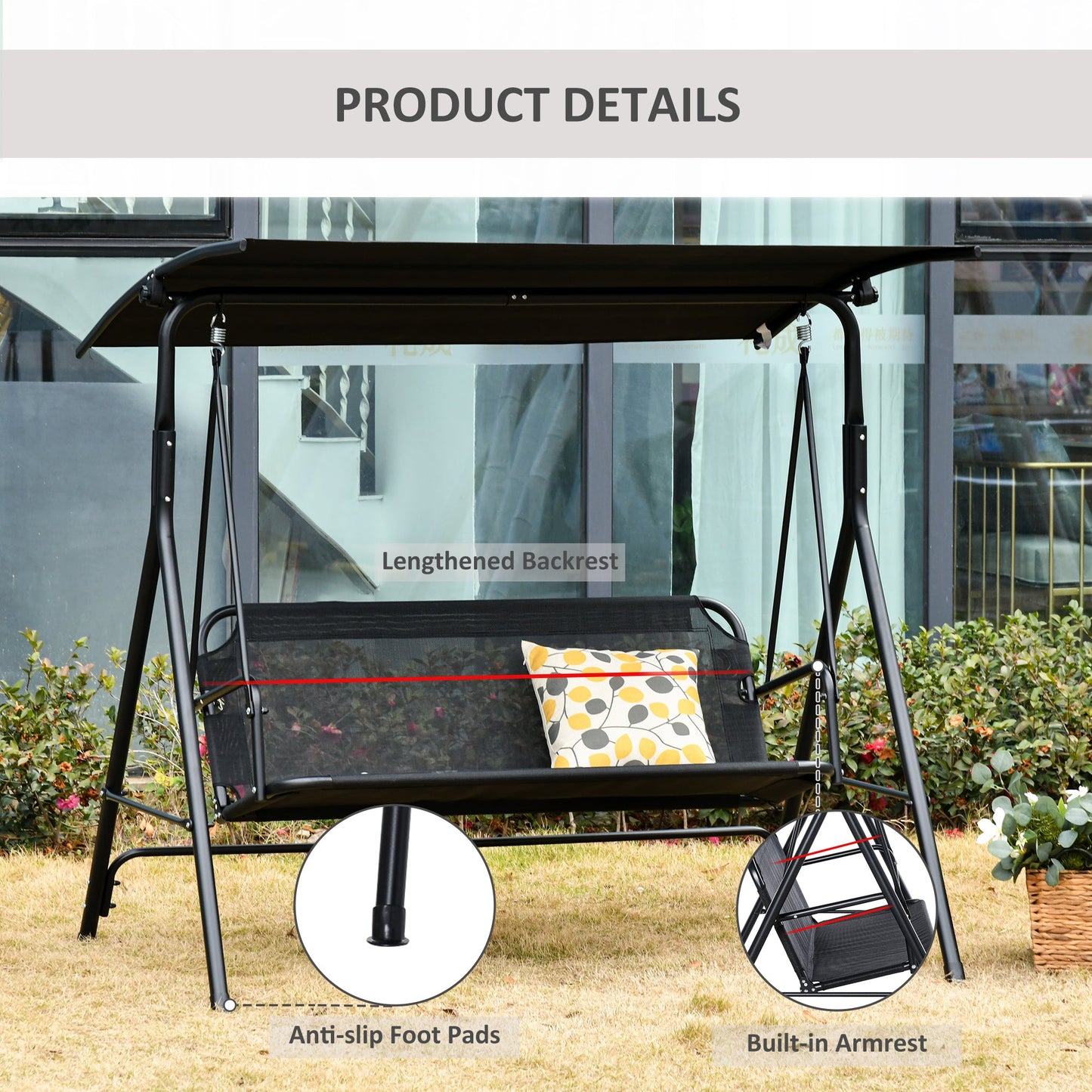 2 Person Porch Swing Chair 2 Seater Patio Swing Bench with Adjustable Canopy Breathable Seat for Garden Poolside Black at Gallery Canada