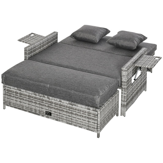 2 Piece Rattan Outdoor Daybed, 2 Seater Sofa Set with Footstool, Storage, Cushions and Pillows for Garden, Patio, Grey - Gallery Canada