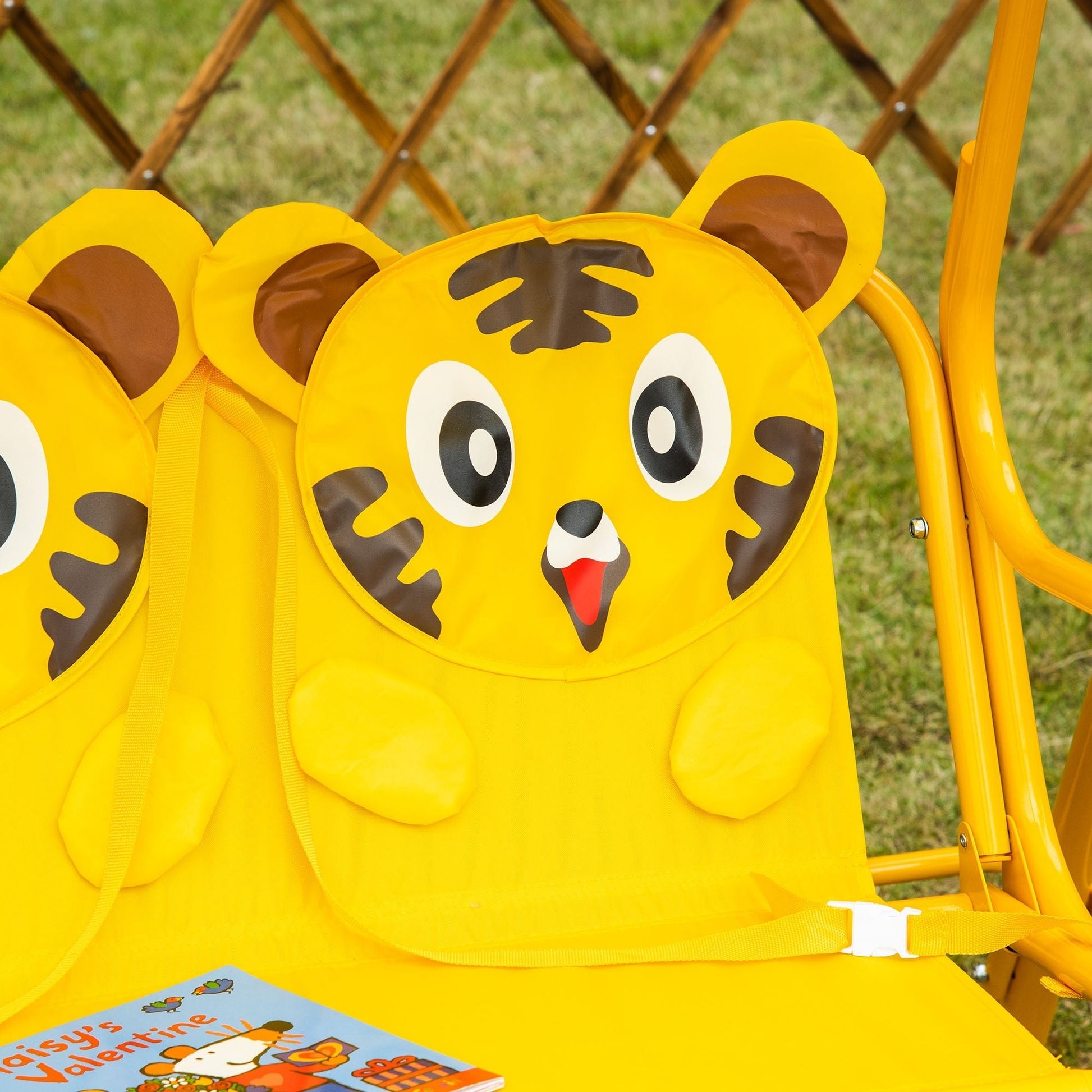 2-Seat Kids Patio Swing Chair, Children Outdoor Patio Lounge Chair, for Garden Porch, with Adjustable Canopy, Seat Belt, Tiger Pattern, for 3-6 Years Old, Yellow at Gallery Canada