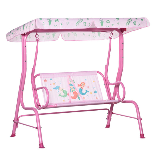 2-Seat Kids Swing Chair, Children Outdoor Patio Lounge Chair with Canopy, for Garden Porch, with Adjustable Awning, Seat Belt, Mermaid Pattern, for 3-6 years old, Pink - Gallery Canada