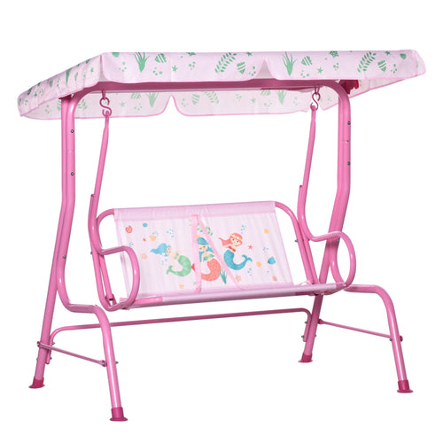 2-Seat Kids Swing Chair, Children Outdoor Patio Lounge Chair with Canopy, for Garden Porch, with Adjustable Awning, Seat Belt, Mermaid Pattern, for 3-6 years old, Pink
