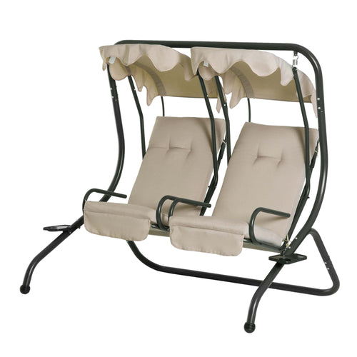 2 Seat Modern Outdoor Swing Chairs With Handrails and Removable Canopy - Beige