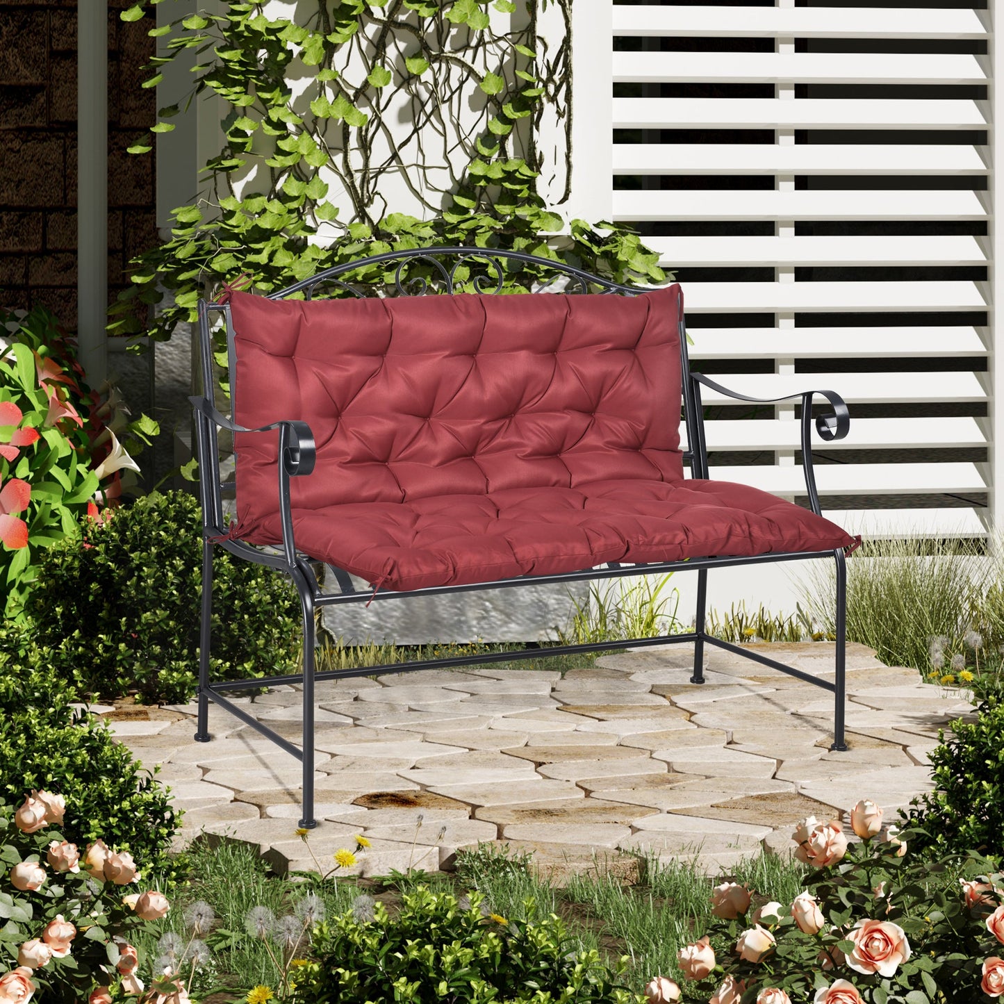 2 Seater Garden Bench Cushions, 4.7 Inch Thick Outdoor Non-Slip 2 Seater Soft Pad With Backrest for Garden Patio, Wine Red at Gallery Canada