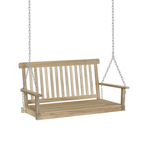 2-Seater Porch Swing Outdoor Patio Swing Chair Seat with Slatted Build, Hanging Chains, Fir Wooden Design, Natural - Gallery Canada