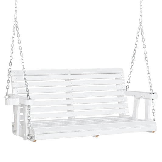 2 Seater Porch Swing Wooden Patio Swing Chair Seat with Cup Holder and Chains Outdoor Swing Bench for Garden Yard, White at Gallery Canada