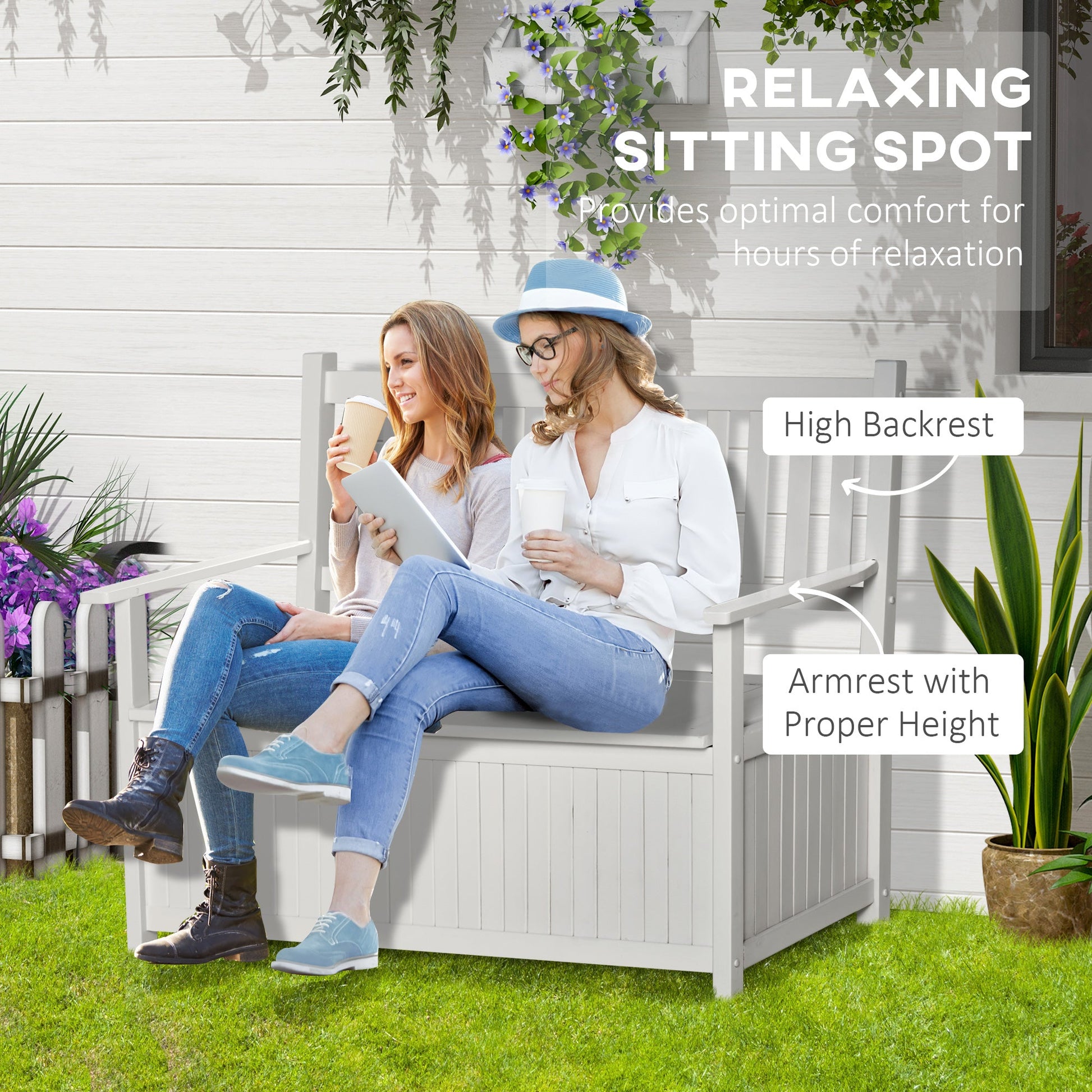 2-Seater Storage Garden Bench, Outdoor Patio Seating Furniture, Deck Box with Inner for Patio, Porch or Balcony, White at Gallery Canada